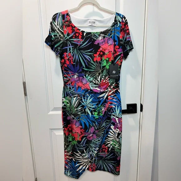 Allison Tropical Floral Leaf Print Ruched Sheath Dress Short SleeveWomen’s 38/12 - Picture 2 of 12